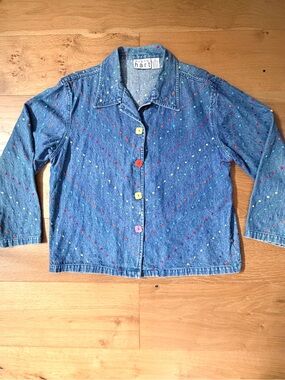 VTG 90s KEREN hart Denim Jacket Overshirt Confetti Rainbow Pride Embroidery Wm L